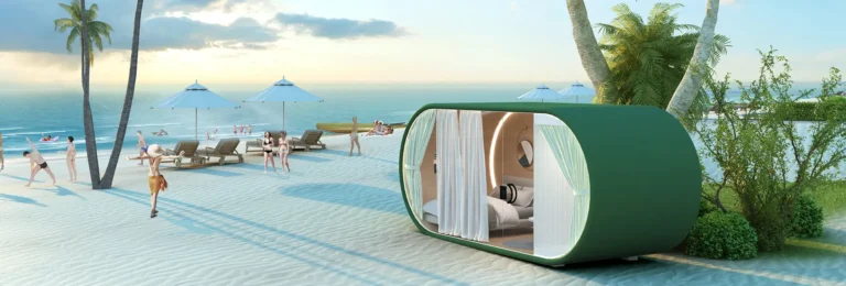Curved Glass Beach Lounge Pod Windproof Coastal Retreat with Panoramic Ocean Views