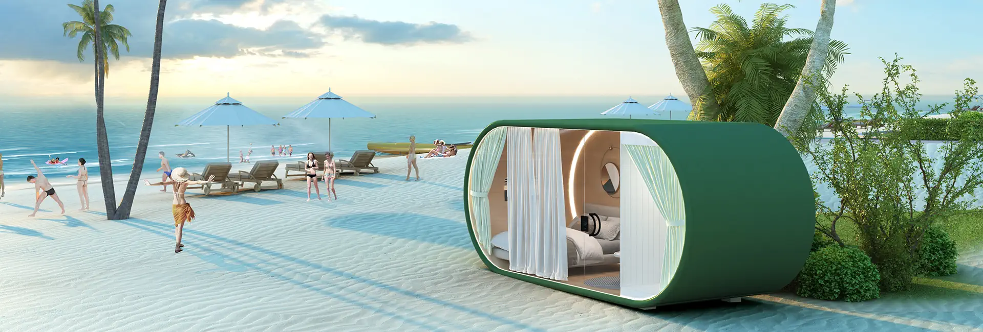 Curved Glass Beach Lounge Pod Windproof Coastal Retreat with Panoramic Ocean Views