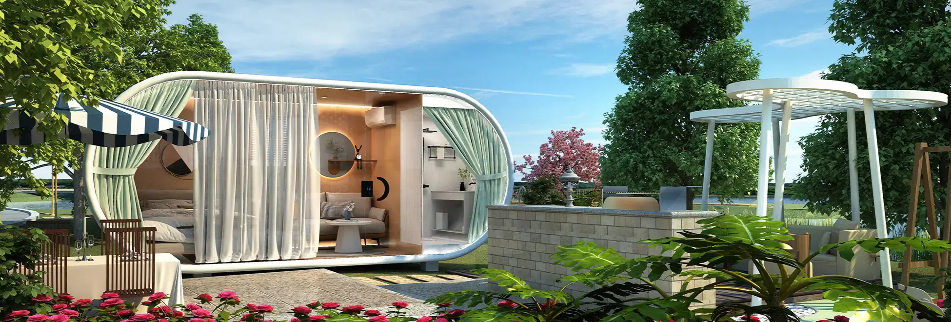 Curved Outdoor Gathering Pod Resort Social Hub with Kitchenette & Heating