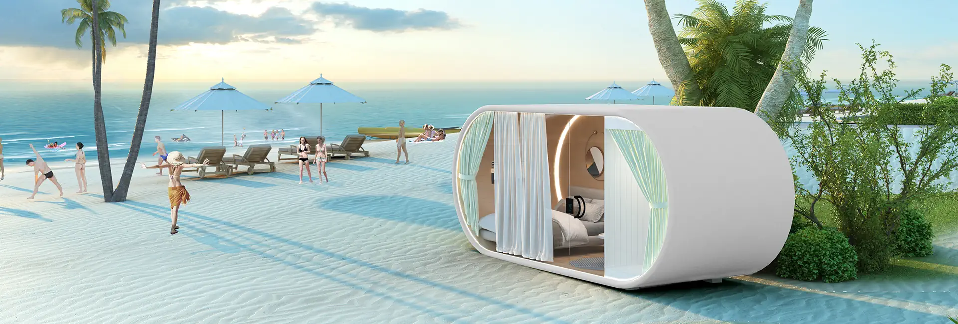 Salt-Resistant Beachfront Pod Luxury Coastal Lounge with Smart Glass & Outdoor Shower